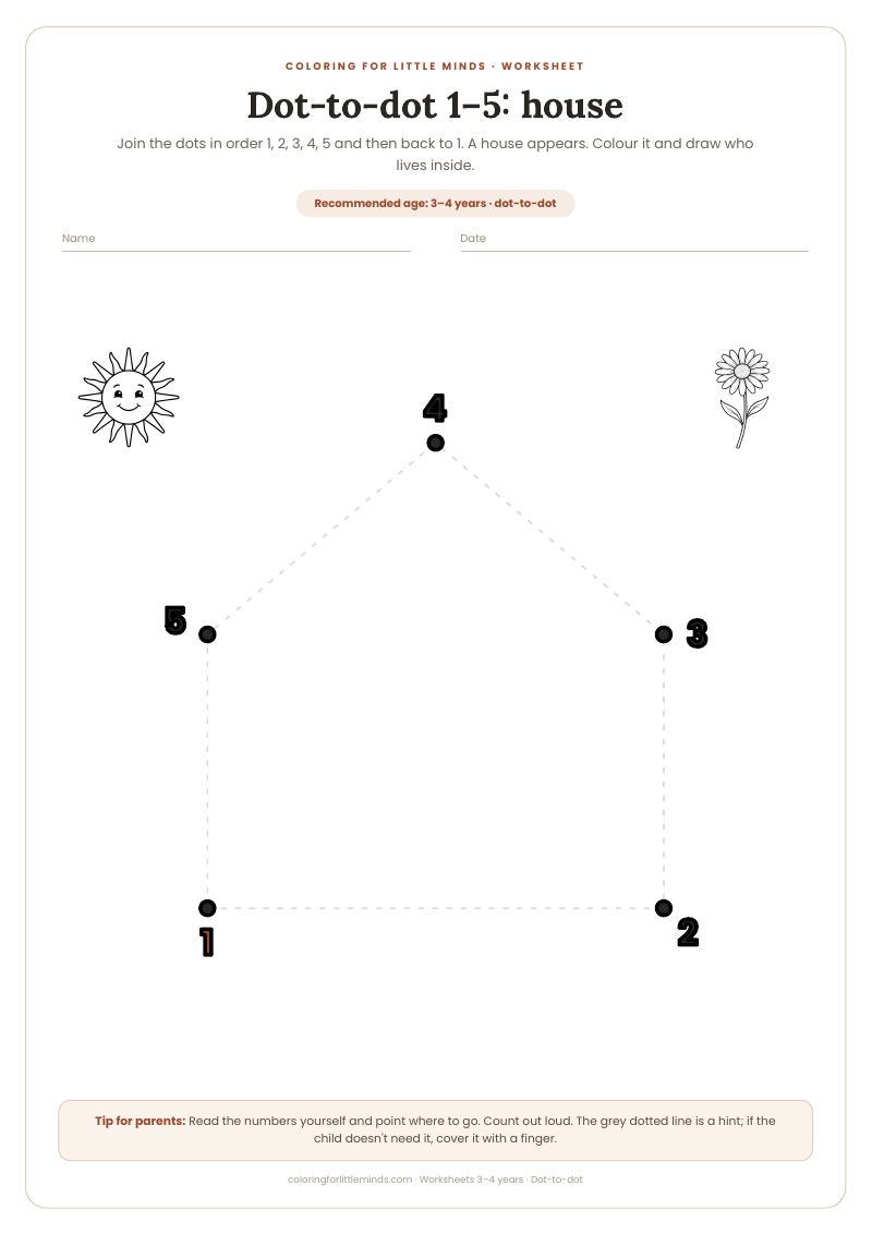 Dot-to-dot 1–5: house – worksheet for ages 3–4, preview