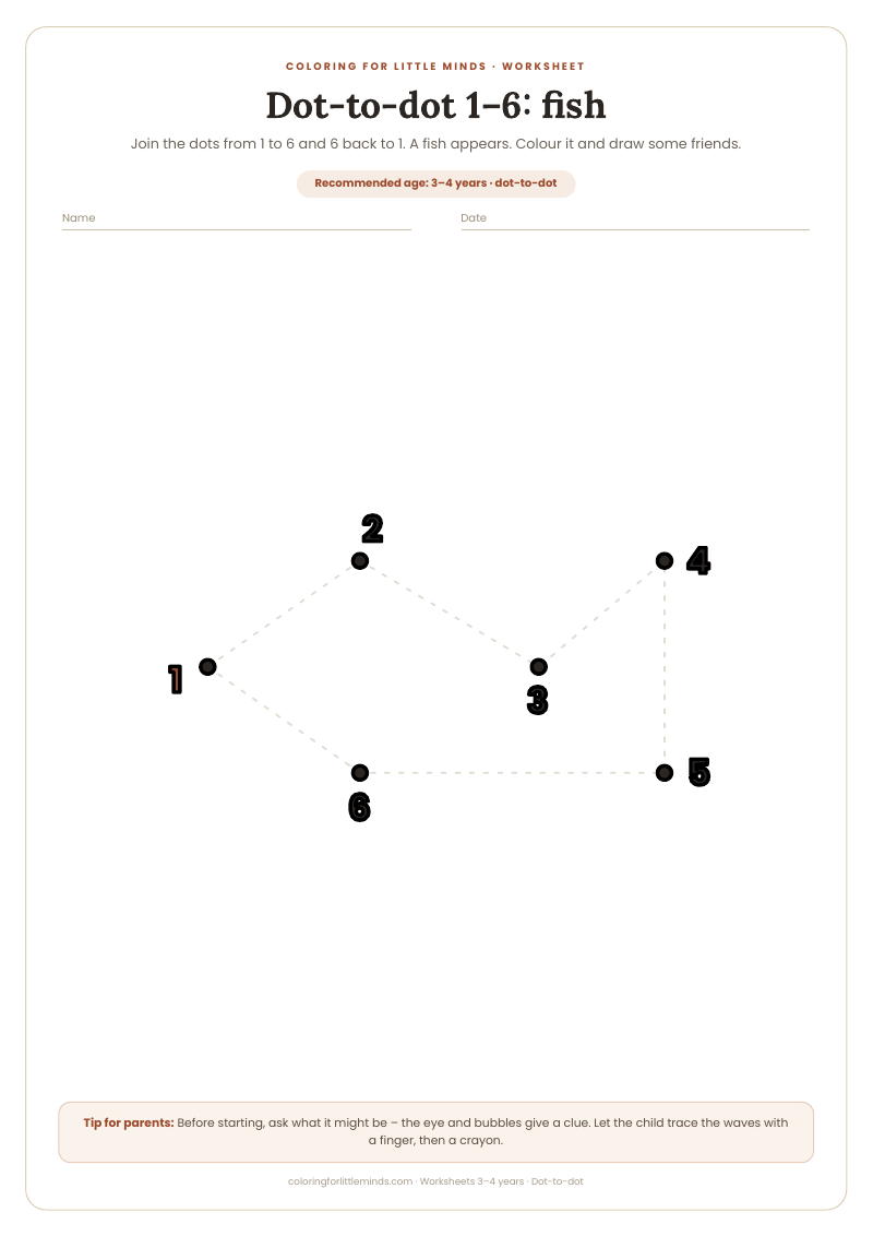 Dot-to-dot 1–6: fish – worksheet for ages 3–4, preview