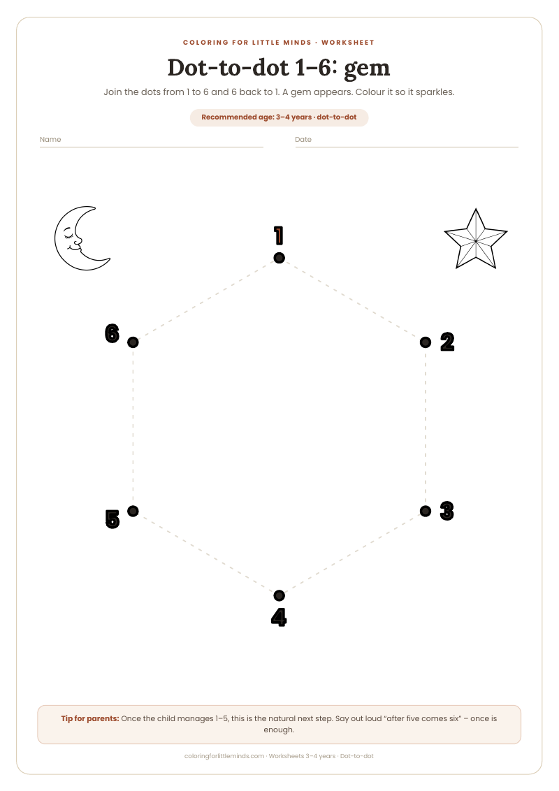 Dot-to-dot 1–6: gem – worksheet for ages 3–4, preview
