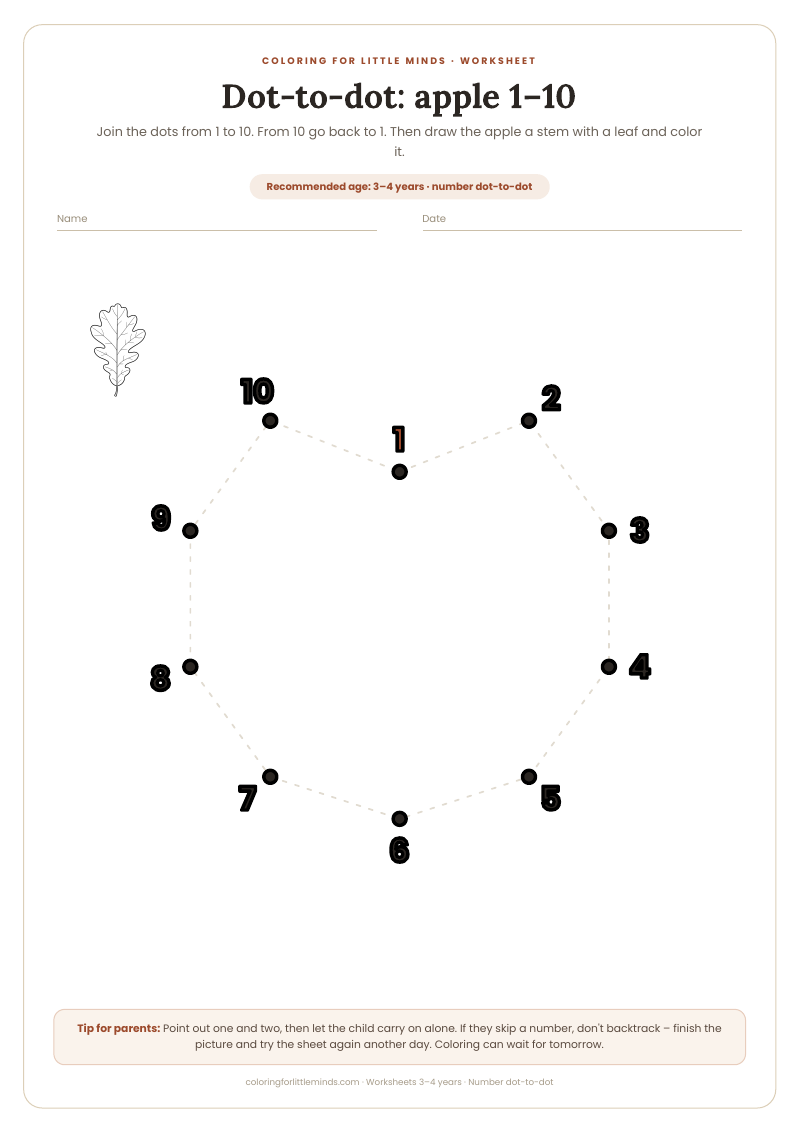 Dot-to-dot: apple 1–10 – worksheet for ages 3–4, preview