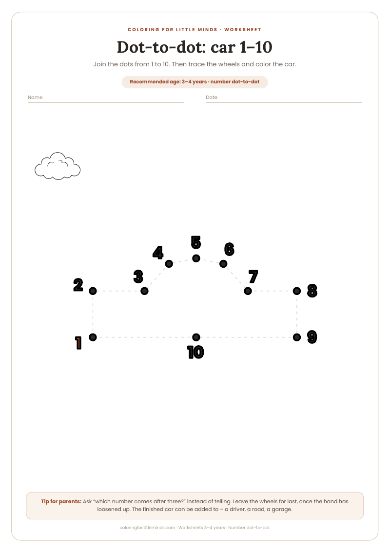 Dot-to-dot: car 1–10 – worksheet for ages 3–4, preview
