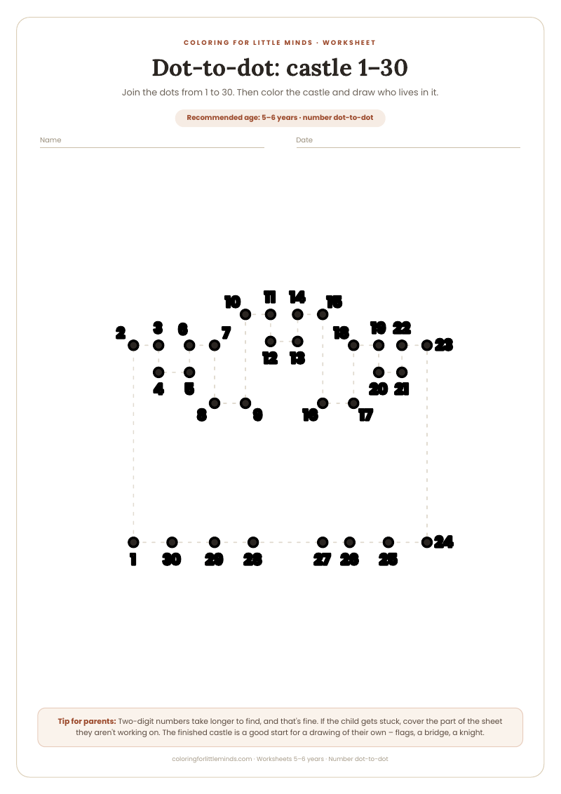 Dot-to-dot: castle 1–30 – worksheet for ages 5–6, preview