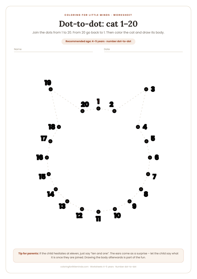 Dot-to-dot: cat 1–20 – worksheet for ages 4–5, preview