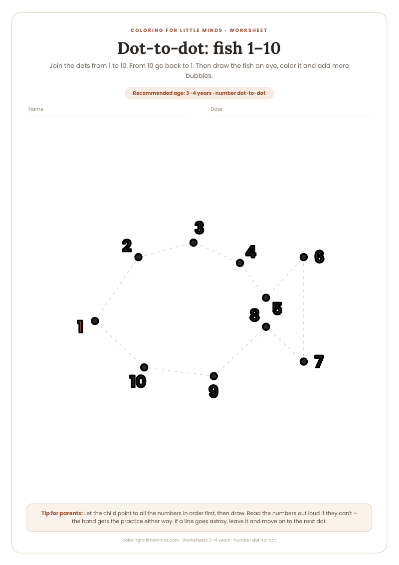 Dot-to-dot: fish 1–10 – worksheet for ages 3–4, preview