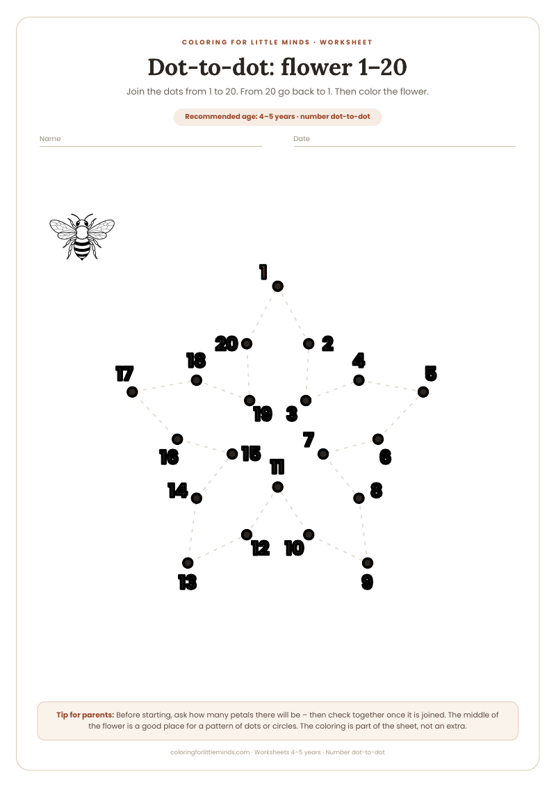 Dot-to-dot: flower 1–20 – worksheet for ages 4–5, preview