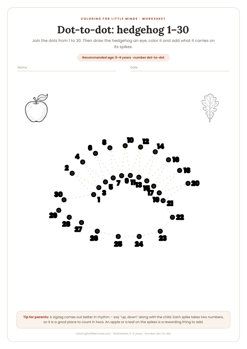 Dot-to-dot: hedgehog 1–30 – worksheet for ages 5–6, preview