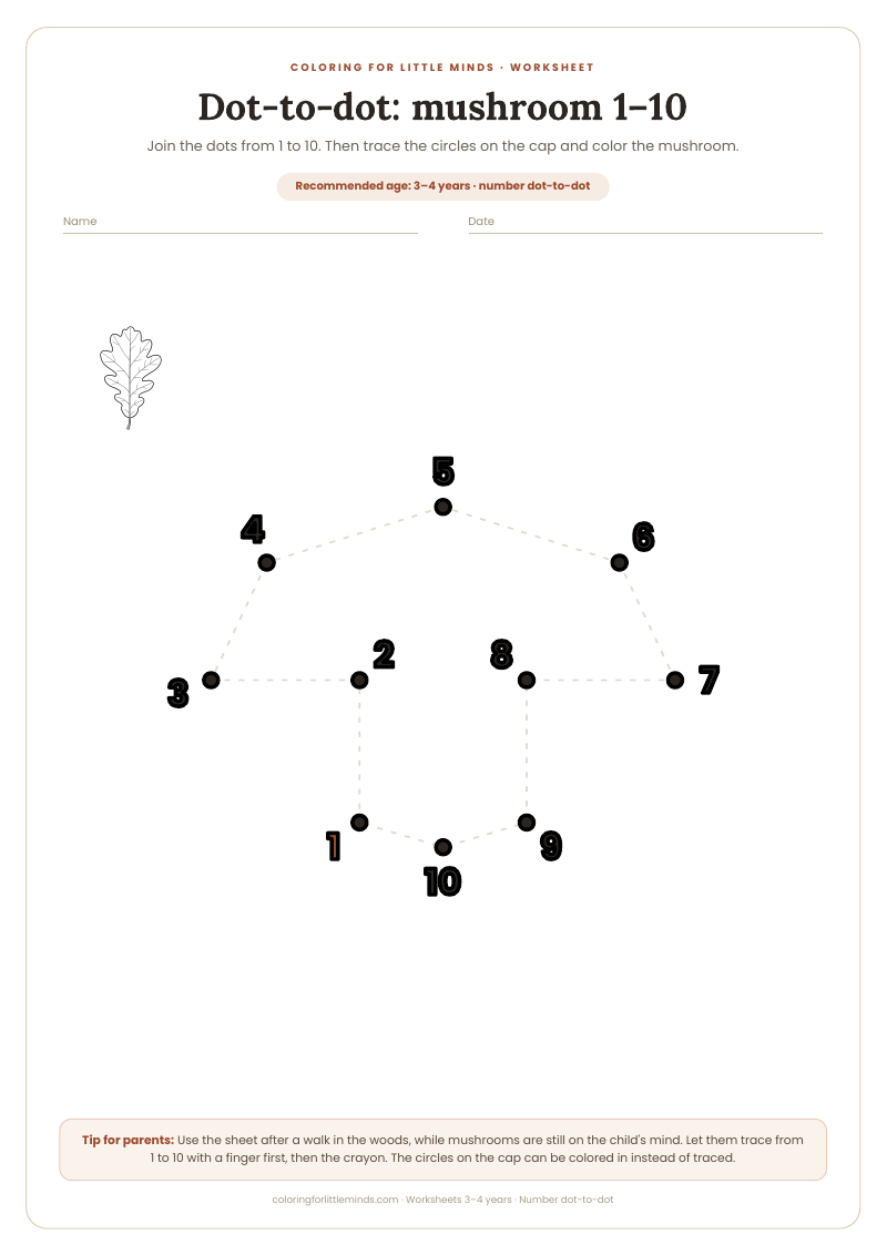 Dot-to-dot: mushroom 1–10 – worksheet for ages 3–4, preview