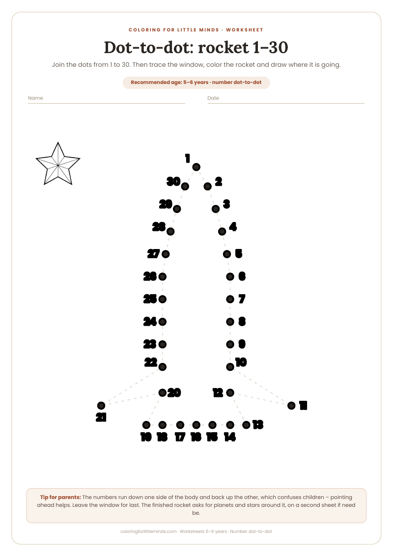 Dot-to-dot: rocket 1–30 – worksheet for ages 5–6, preview