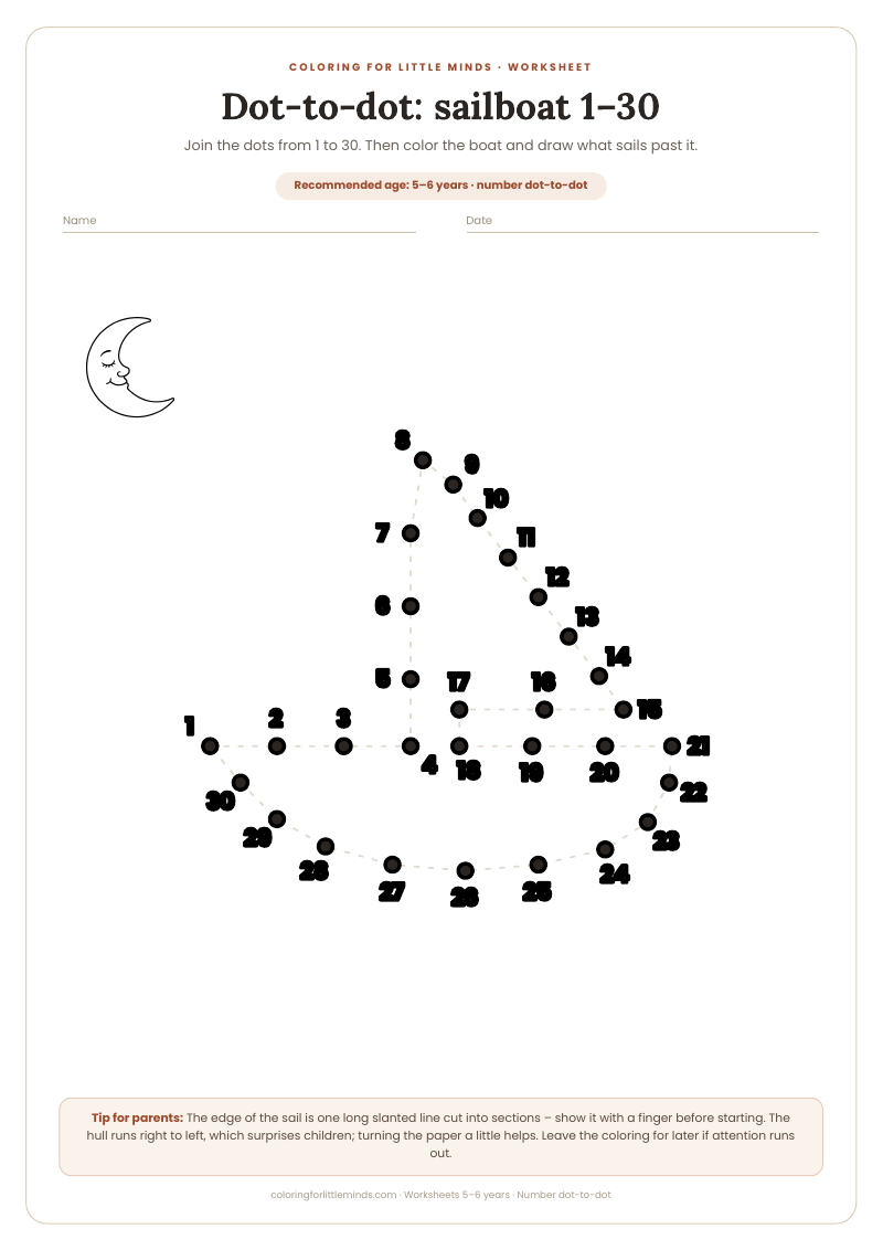 Dot-to-dot: sailboat 1–30 – worksheet for ages 5–6, preview