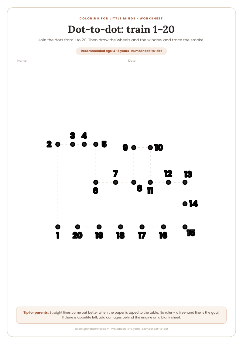 Dot-to-dot: train 1–20 – worksheet for ages 4–5, preview