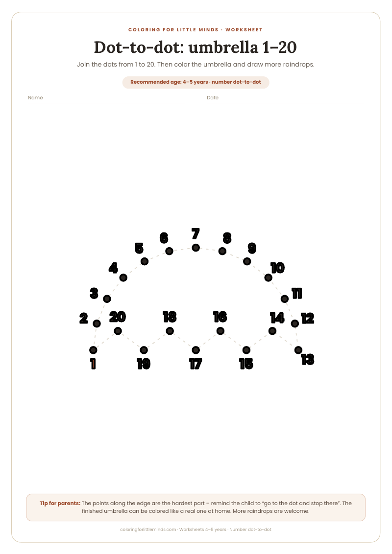Dot-to-dot: umbrella 1–20 – worksheet for ages 4–5, preview