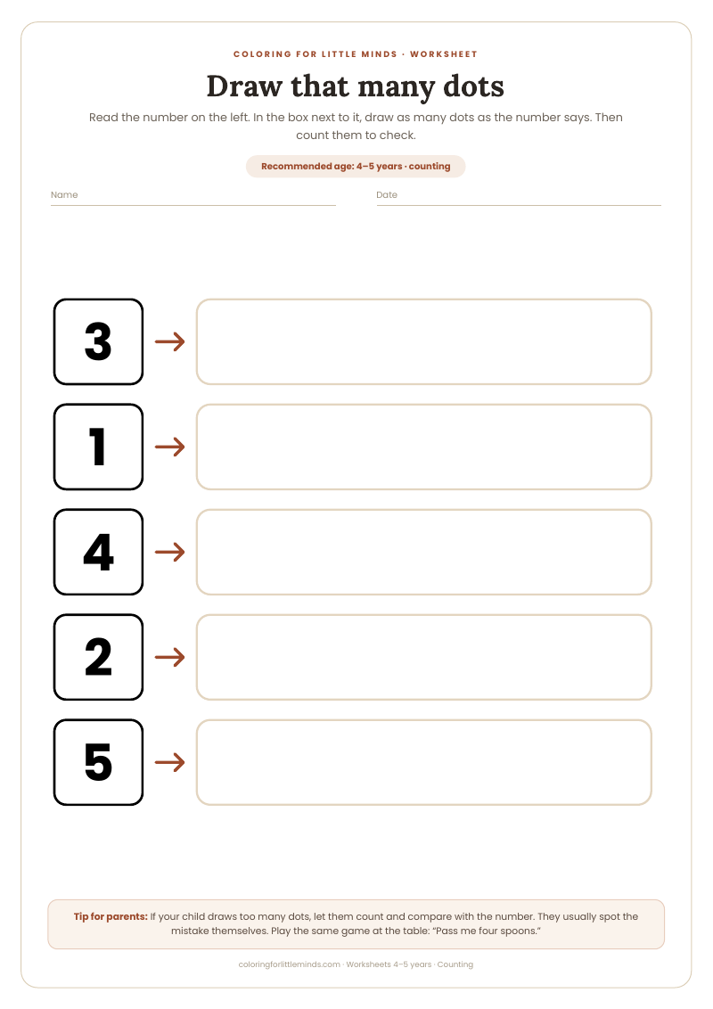 Draw that many dots – worksheet for ages 4–5, preview