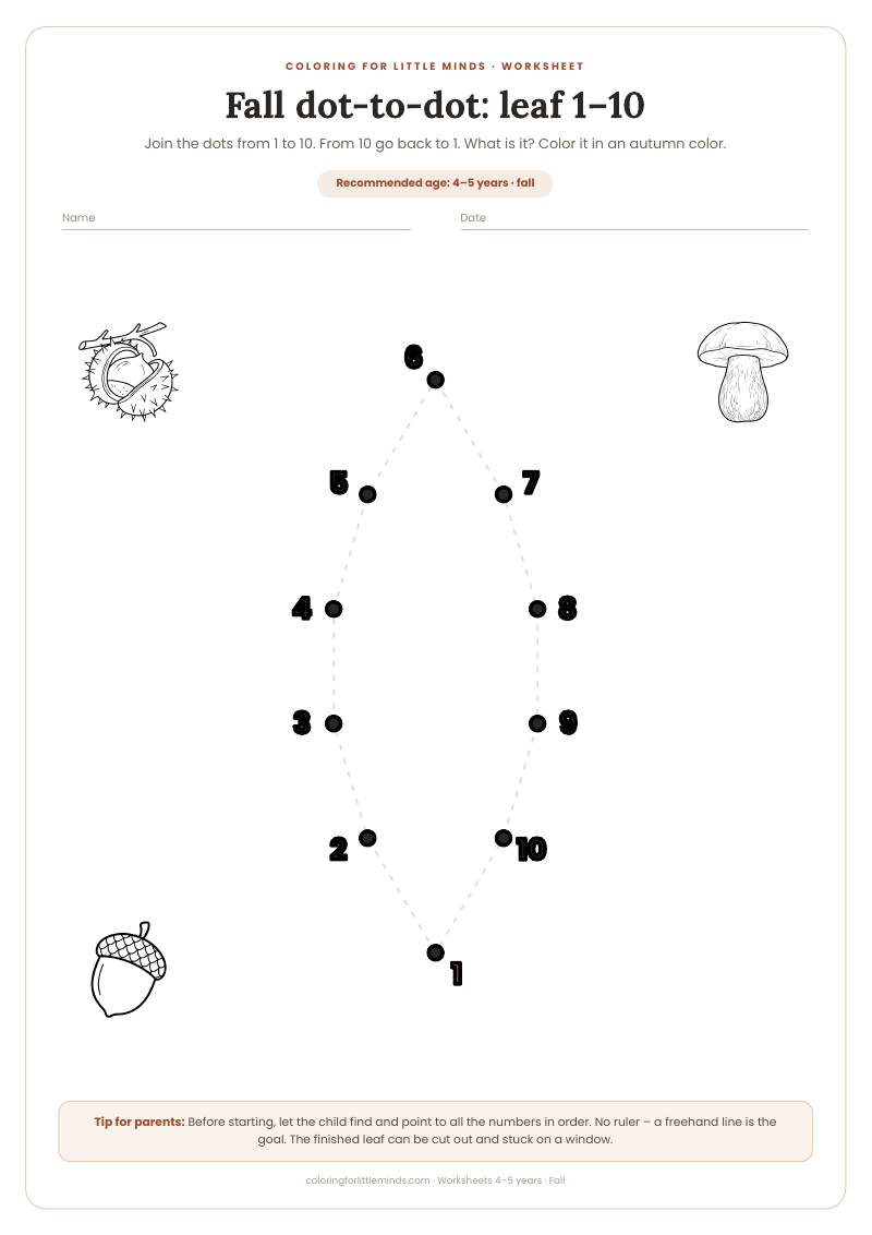 Fall dot-to-dot: leaf 1–10 – worksheet for ages 4–5, preview