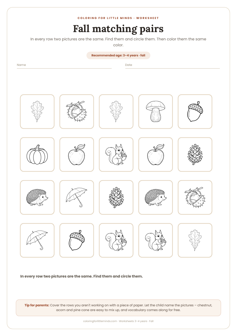 Fall matching pairs – worksheet for ages 3–4, preview