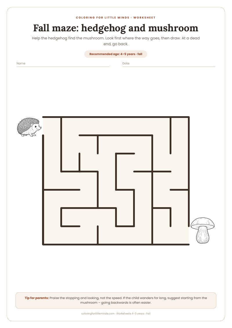 Fall maze: hedgehog and mushroom – worksheet for ages 4–5, preview