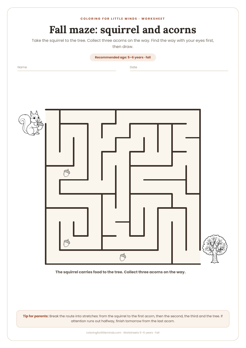 Fall maze: squirrel and acorns – worksheet for ages 5–6, preview