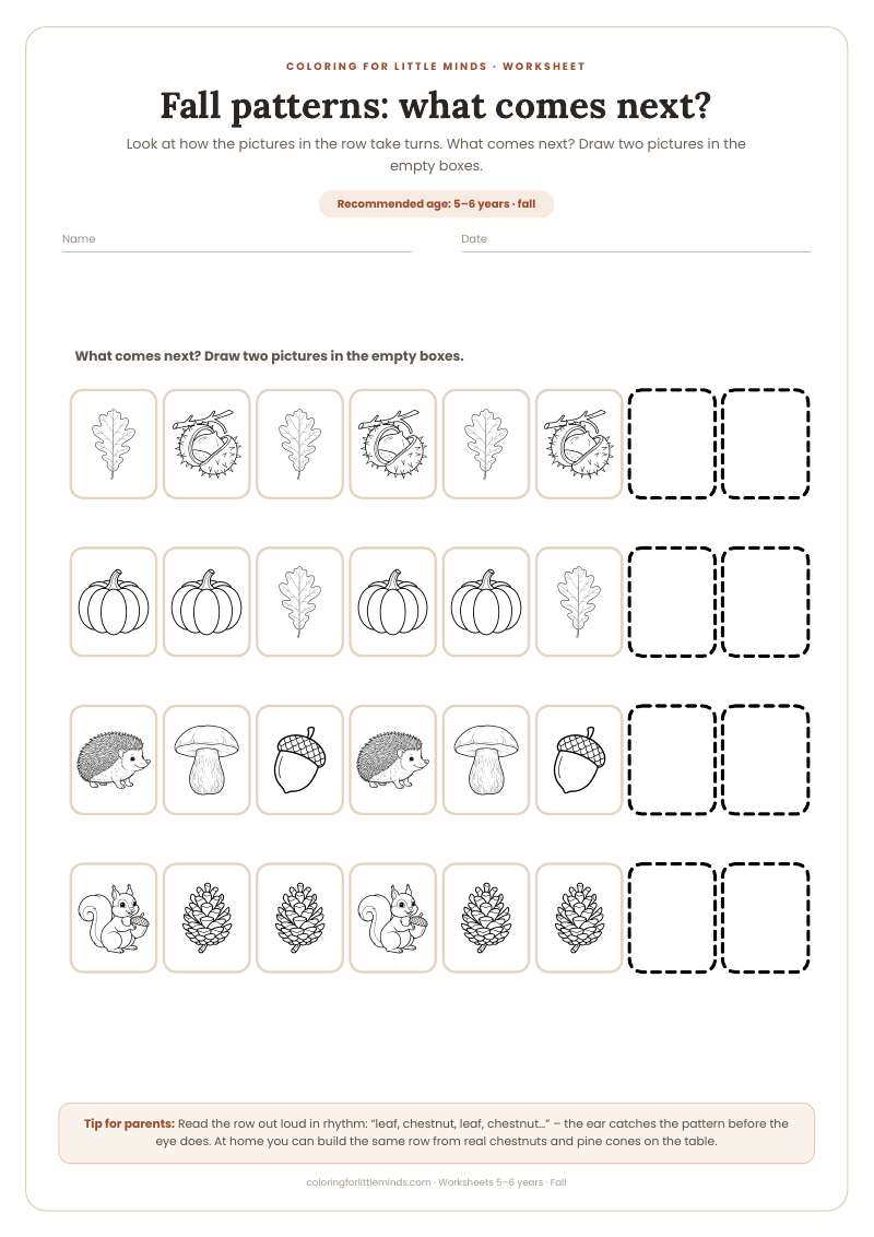 Fall patterns: what comes next? – worksheet for ages 5–6, preview