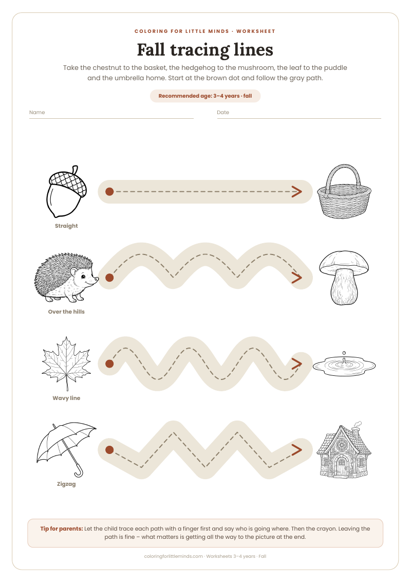Fall tracing lines – worksheet for ages 3–4, preview