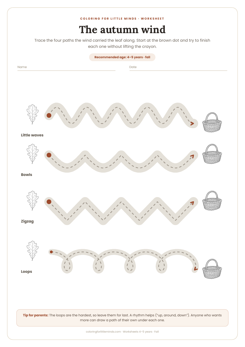 The autumn wind – worksheet for ages 4–5, preview