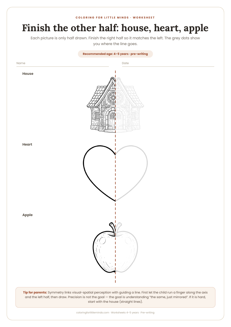 Finish the other half: house, heart, apple – worksheet for ages 4–5, preview