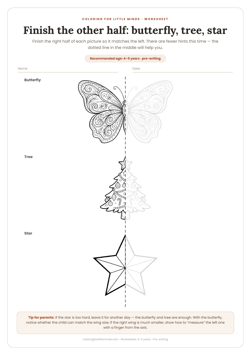 Finish the other half: butterfly, tree, star – worksheet for ages 4–5, preview