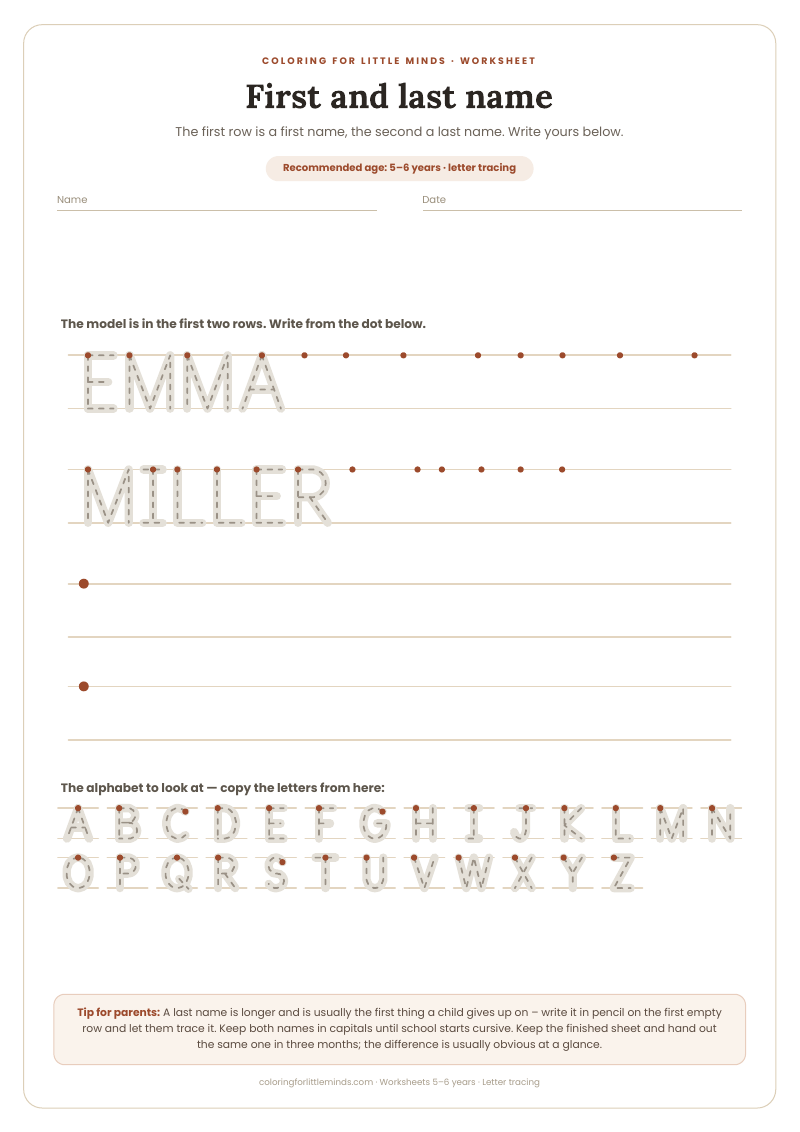 First and last name – worksheet for ages 5–6, preview