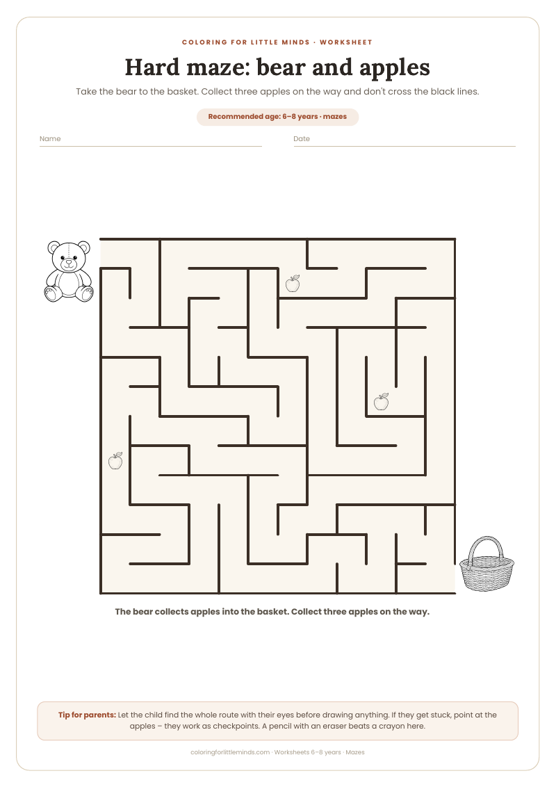 Hard maze: bear and apples – worksheet for ages 6–8, preview