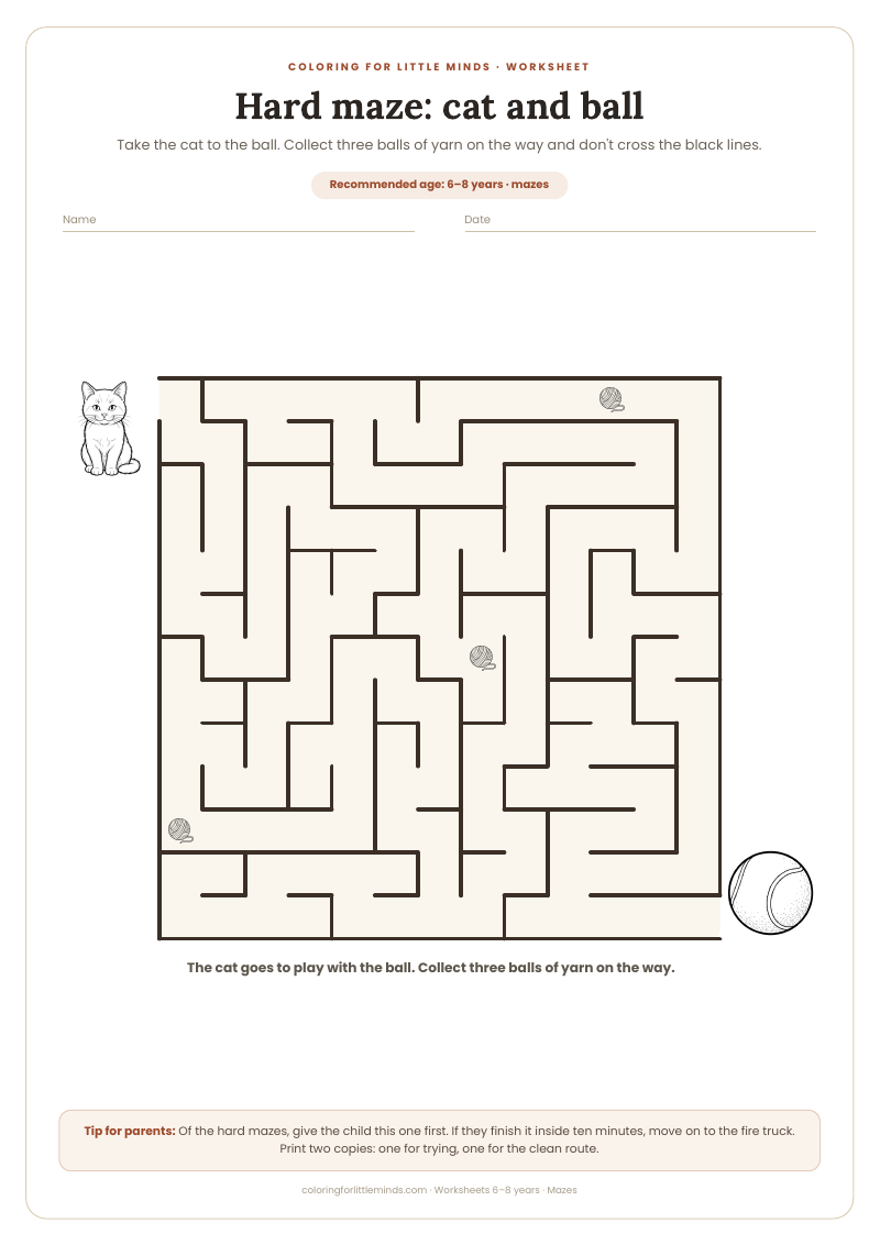 Hard maze: cat and ball – worksheet for ages 6–8, preview