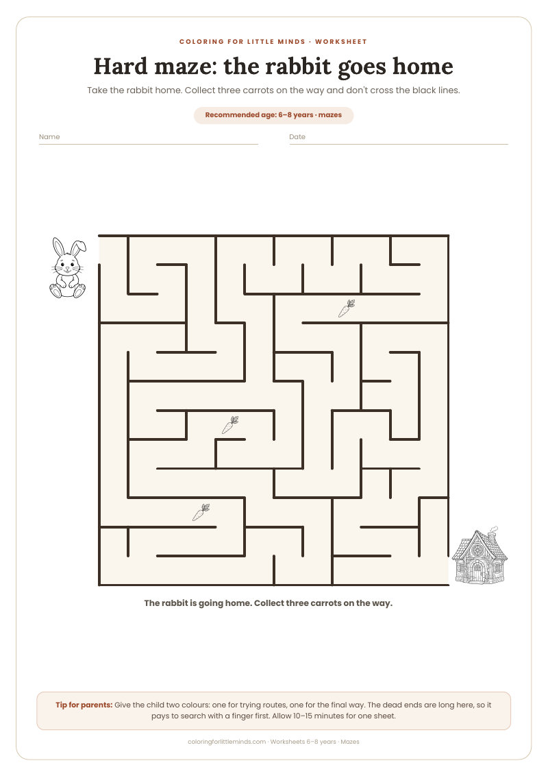 Hard maze: the rabbit goes home – worksheet for ages 6–8, preview
