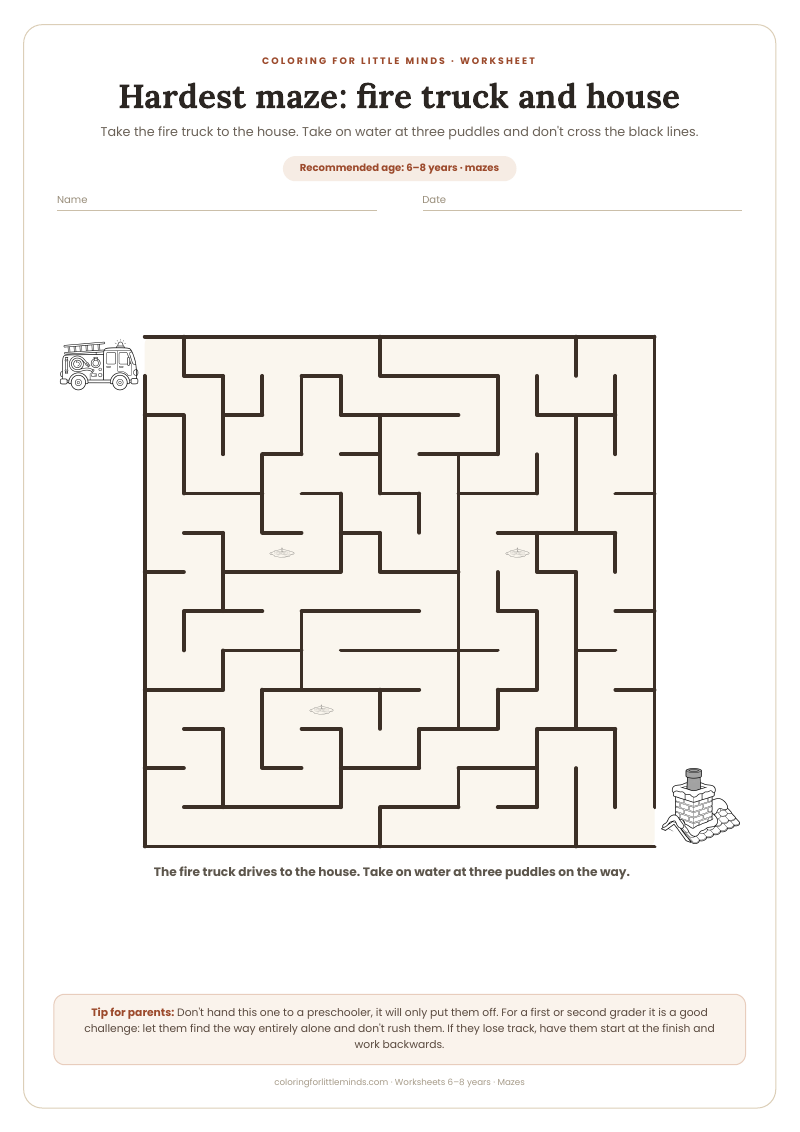 Hardest maze: fire truck and house – worksheet for ages 6–8, preview