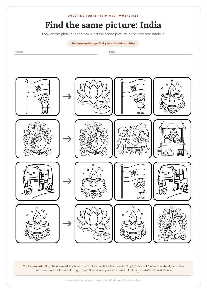 Find the same picture: India – worksheet for ages 3–4, preview