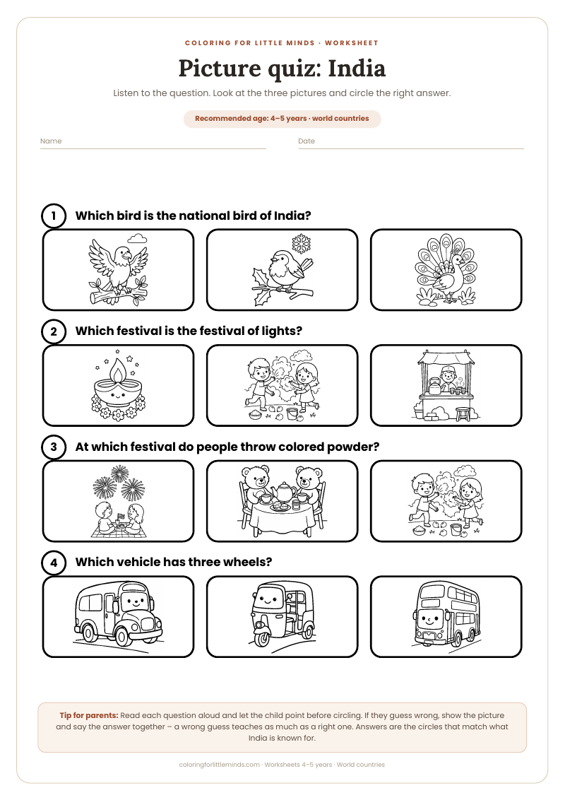 Picture quiz: India – worksheet for ages 4–5, preview