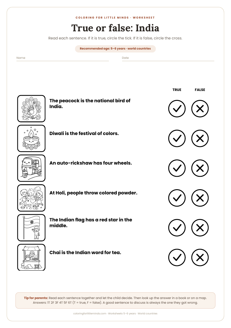 True or false: India – worksheet for ages 5–6, preview
