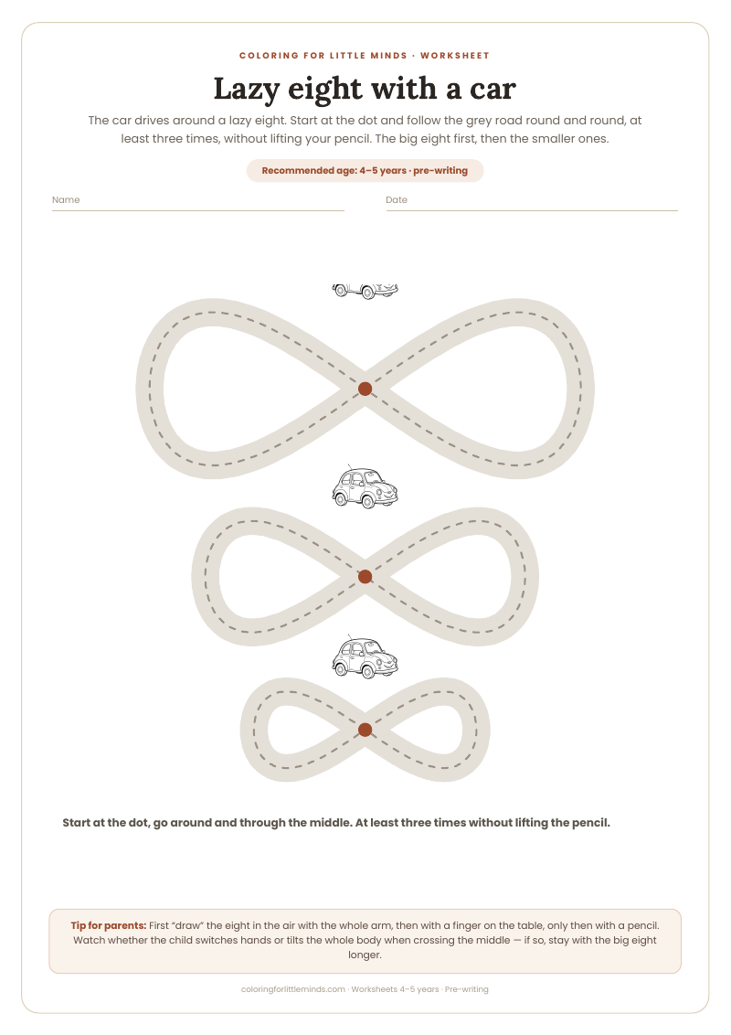 Lazy eight with a car – worksheet for ages 4–5, preview