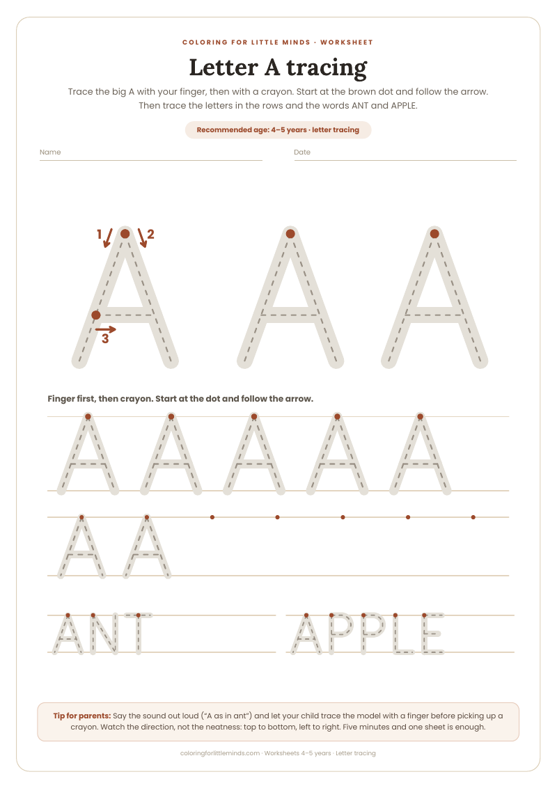 Letter A tracing – worksheet for ages 4–5, preview