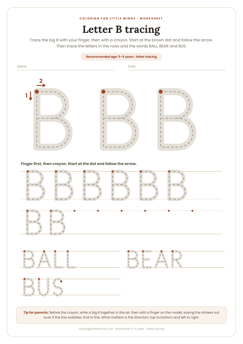 Letter B tracing – worksheet for ages 5–6, preview