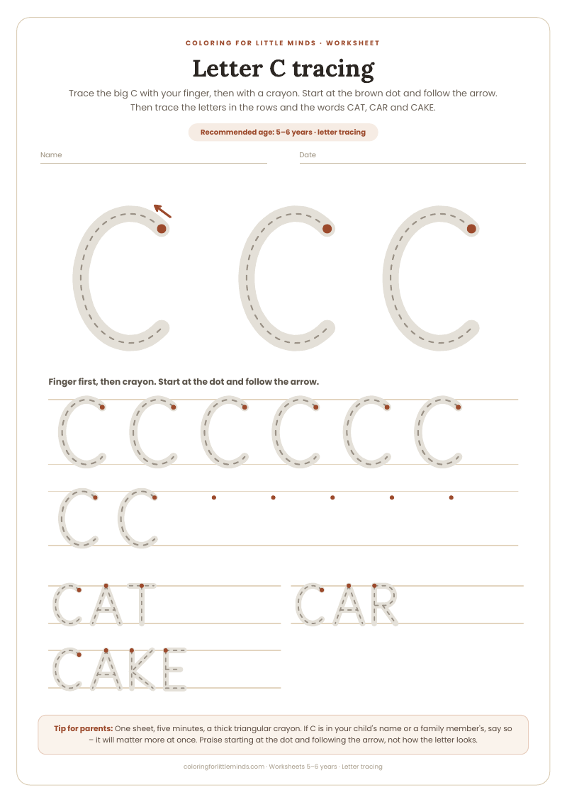Letter C tracing – worksheet for ages 5–6, preview