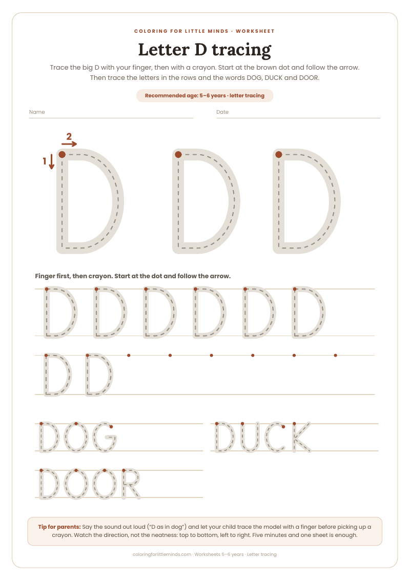Letter D tracing – worksheet for ages 5–6, preview