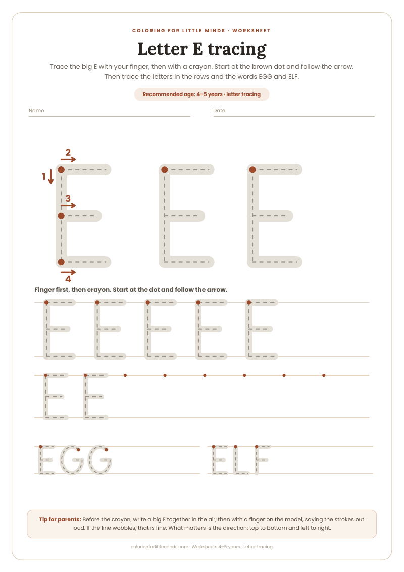 Letter E tracing – worksheet for ages 4–5, preview