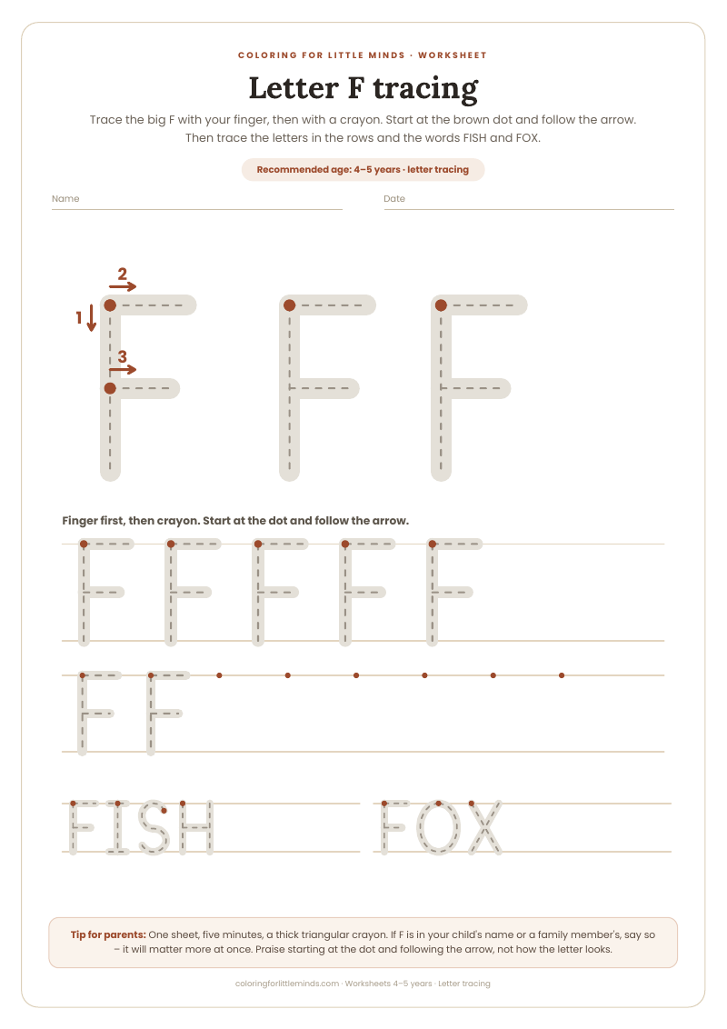 Letter F tracing – worksheet for ages 4–5, preview