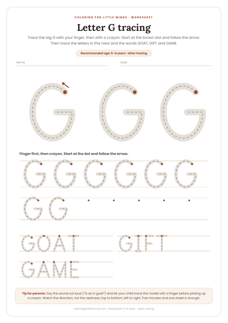 Letter G tracing – worksheet for ages 5–6, preview