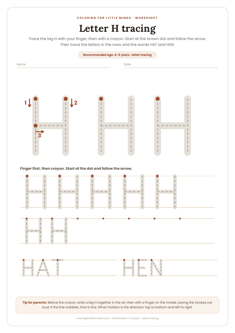 Letter H tracing – worksheet for ages 4–5, preview