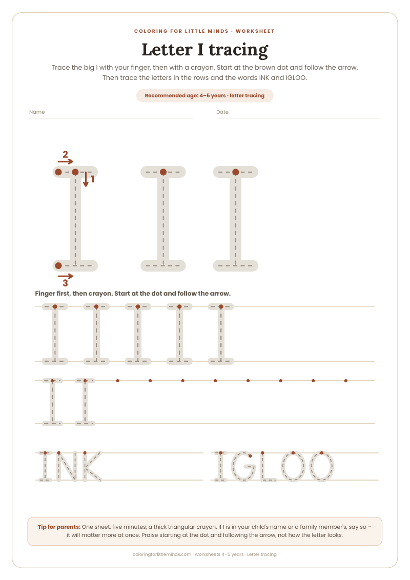 Letter I tracing – worksheet for ages 4–5, preview