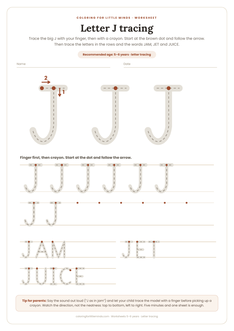 Letter J tracing – worksheet for ages 5–6, preview