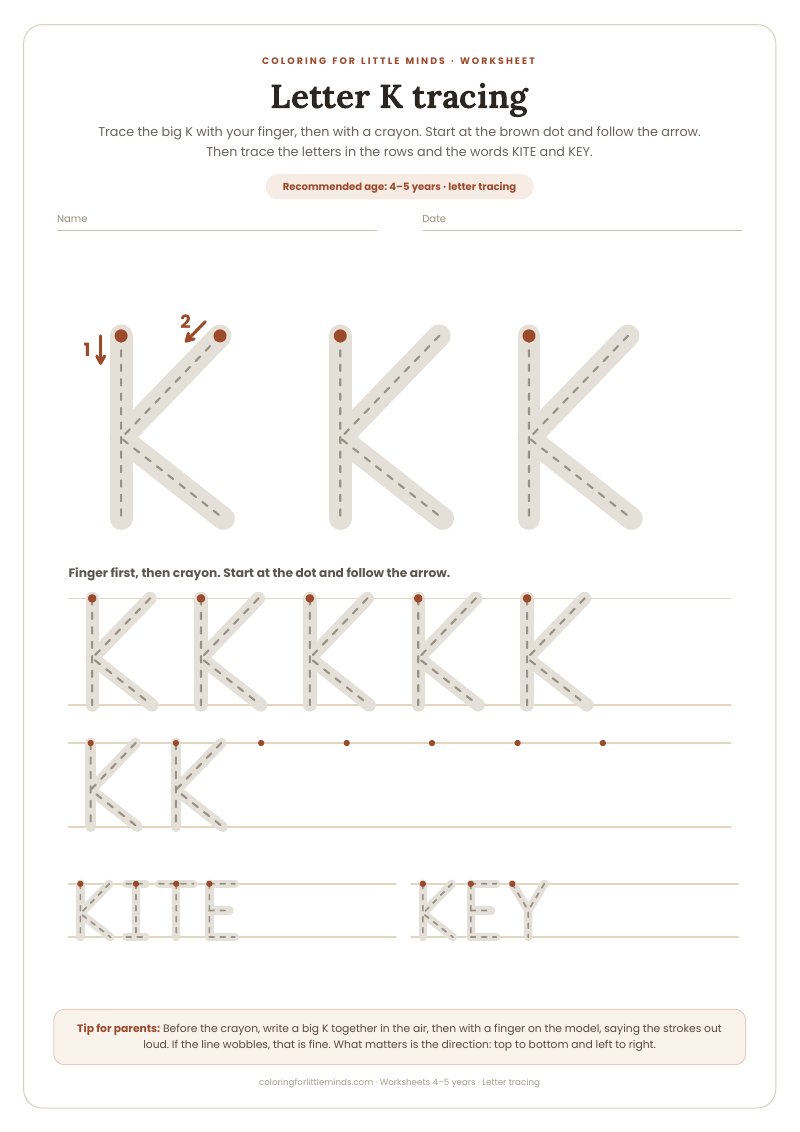 Letter K tracing – worksheet for ages 4–5, preview