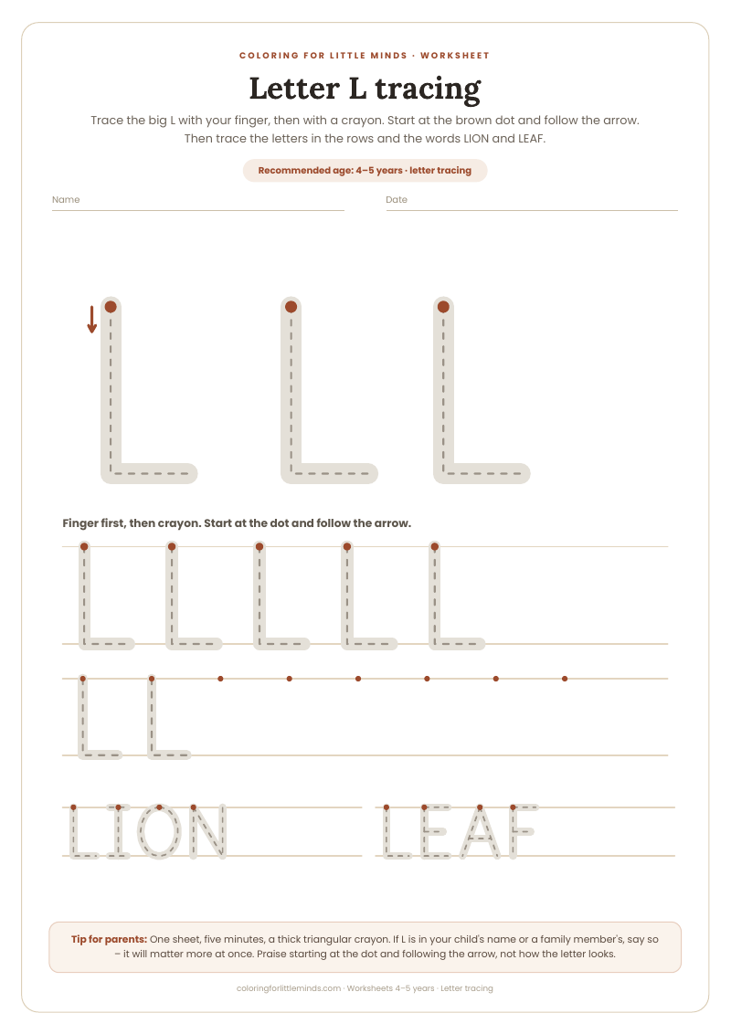 Letter L tracing – worksheet for ages 4–5, preview
