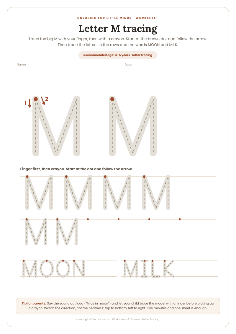 Letter M tracing – worksheet for ages 4–5, preview