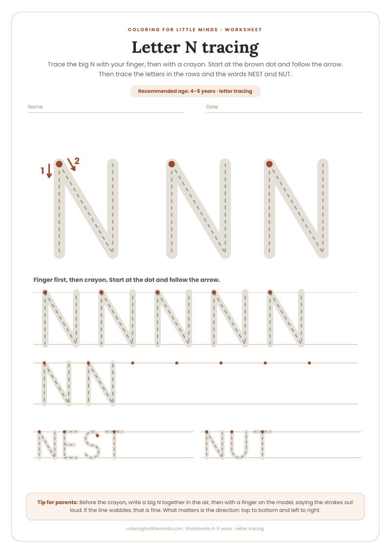 Letter N tracing – worksheet for ages 4–5, preview