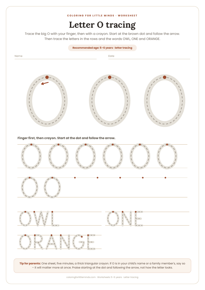 Letter O tracing – worksheet for ages 5–6, preview