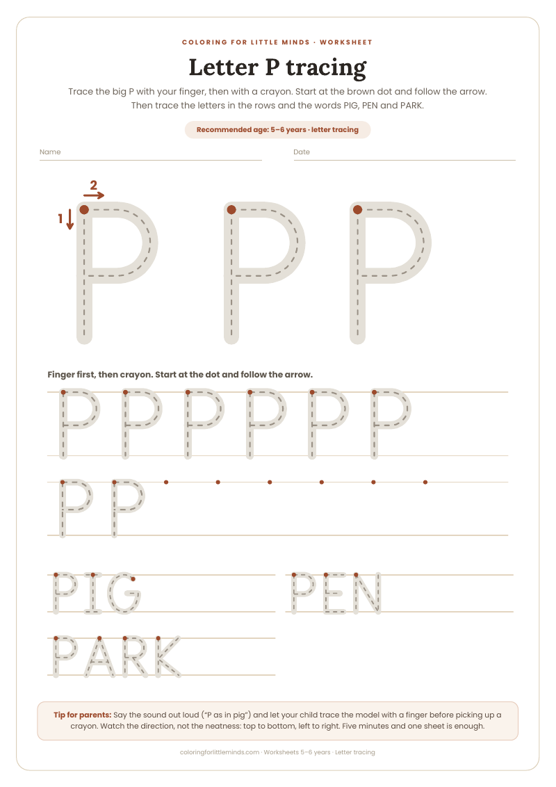 Letter P tracing – worksheet for ages 5–6, preview